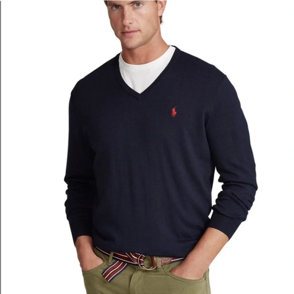 Polo by Ralph‎ Lauren Men's Navy V-Neck Sweater Pima Cotton XLT
